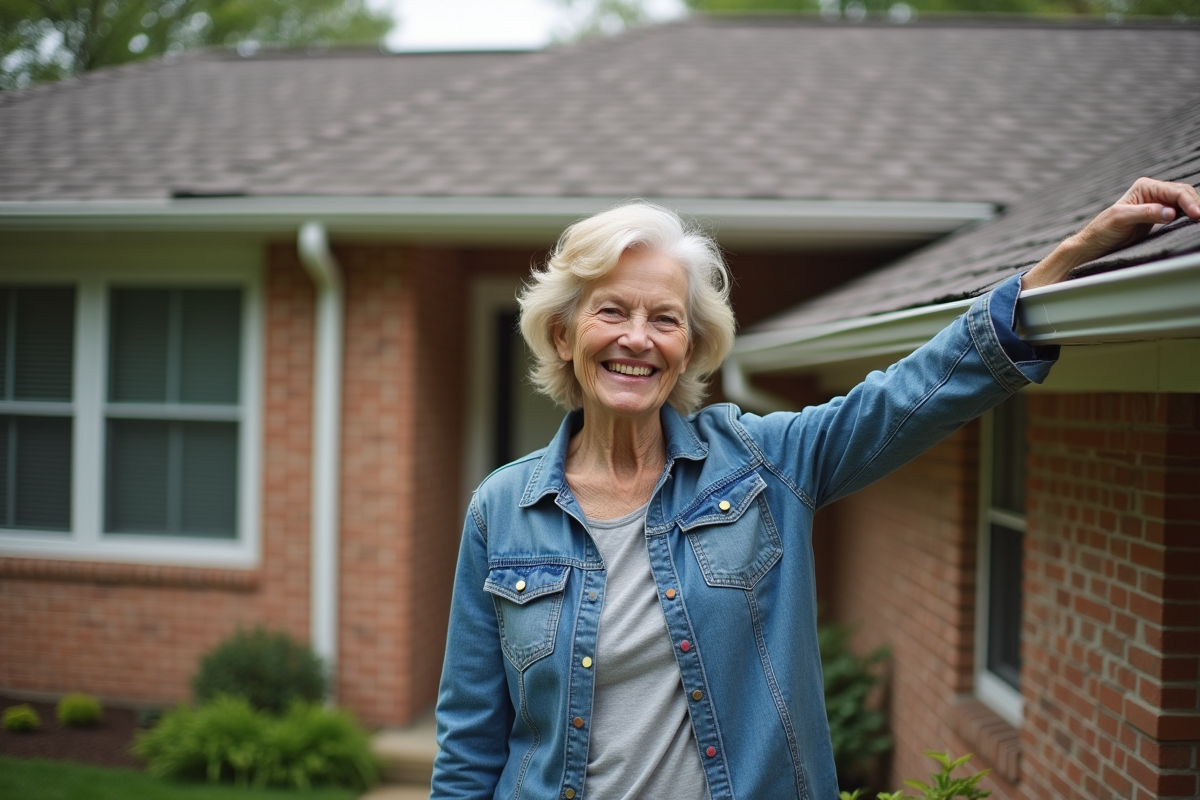 Femme souriante devant son toit en bardeaux neufs