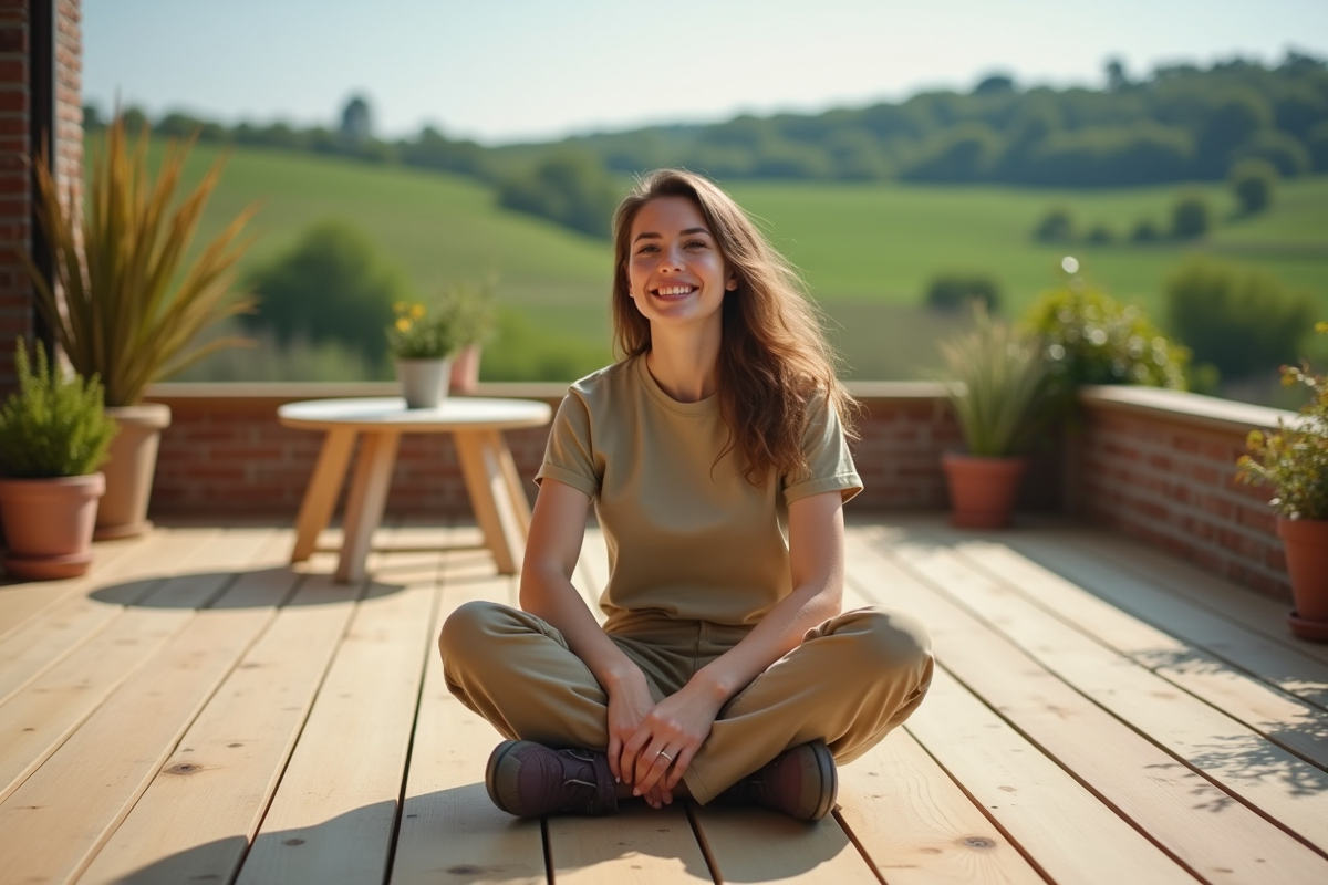 Jeune femme assise sur terrasse en bois souriante
