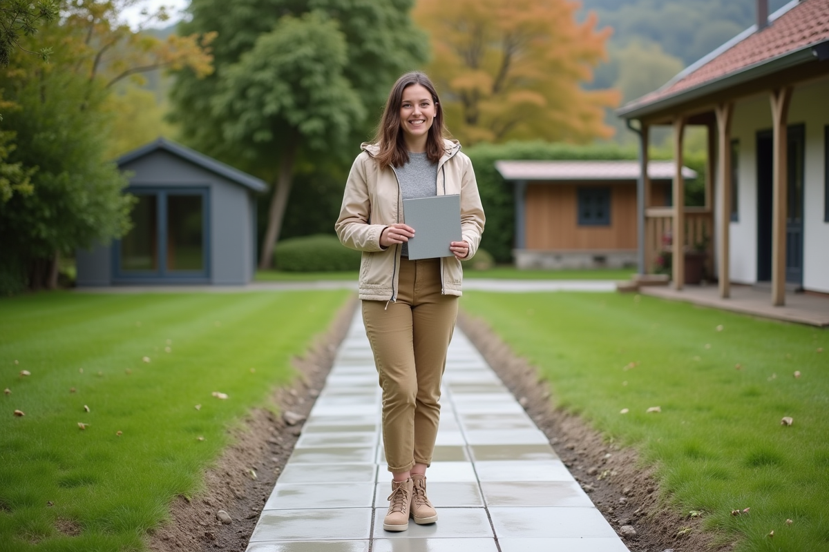 Jeune femme souriante tient des carreaux sur un chemin en béton