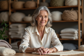 Femme examinant des échantillons de textiles naturels