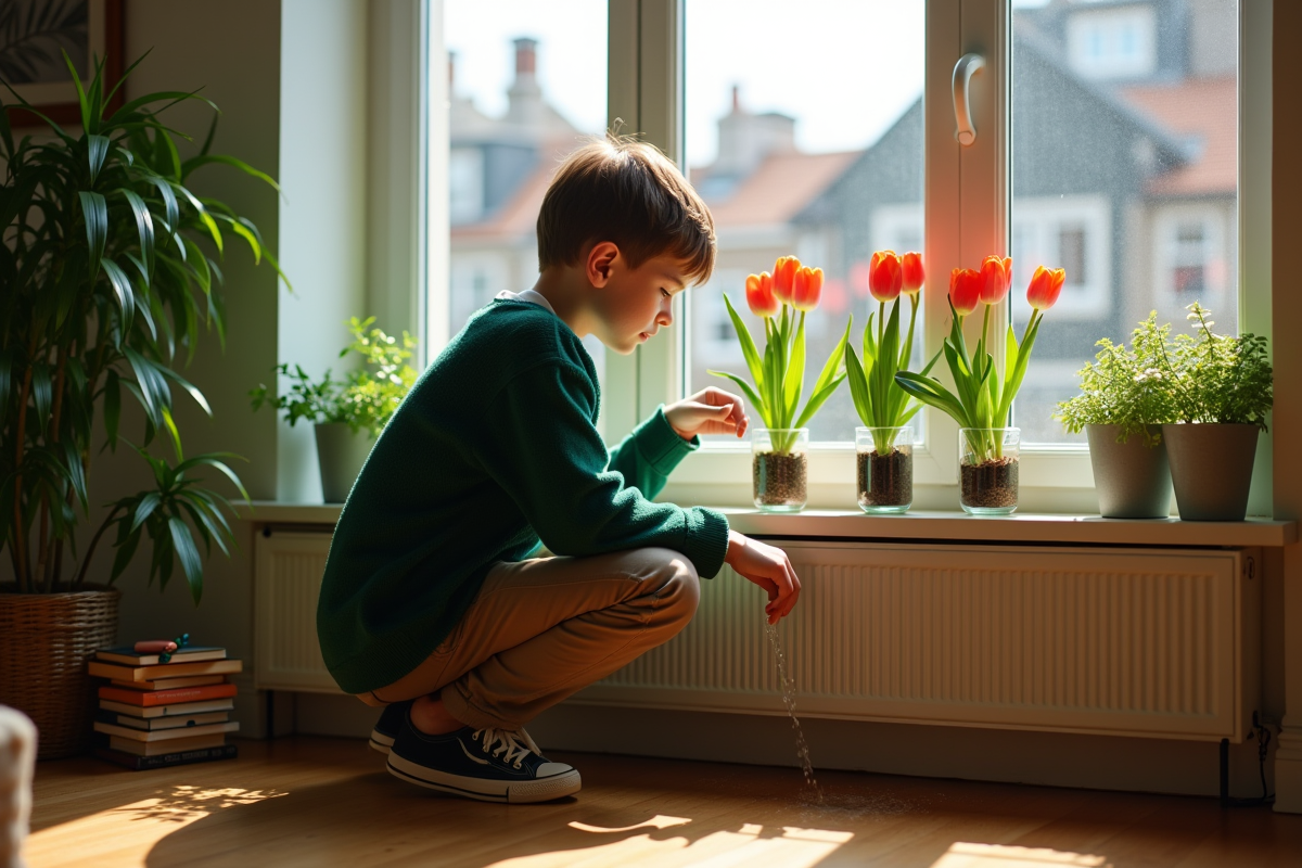 Adolescent arrosant des tulipes dans un salon lumineux
