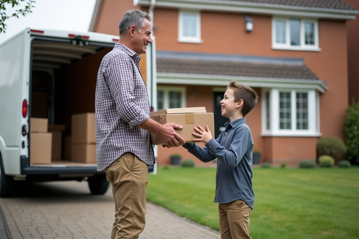 Homme aidant un garçon à déplacer une box devant la maison