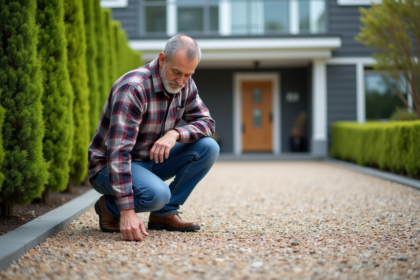 Homme d'âge moyen examine une voie gravillonnée dans un cadre suburbain