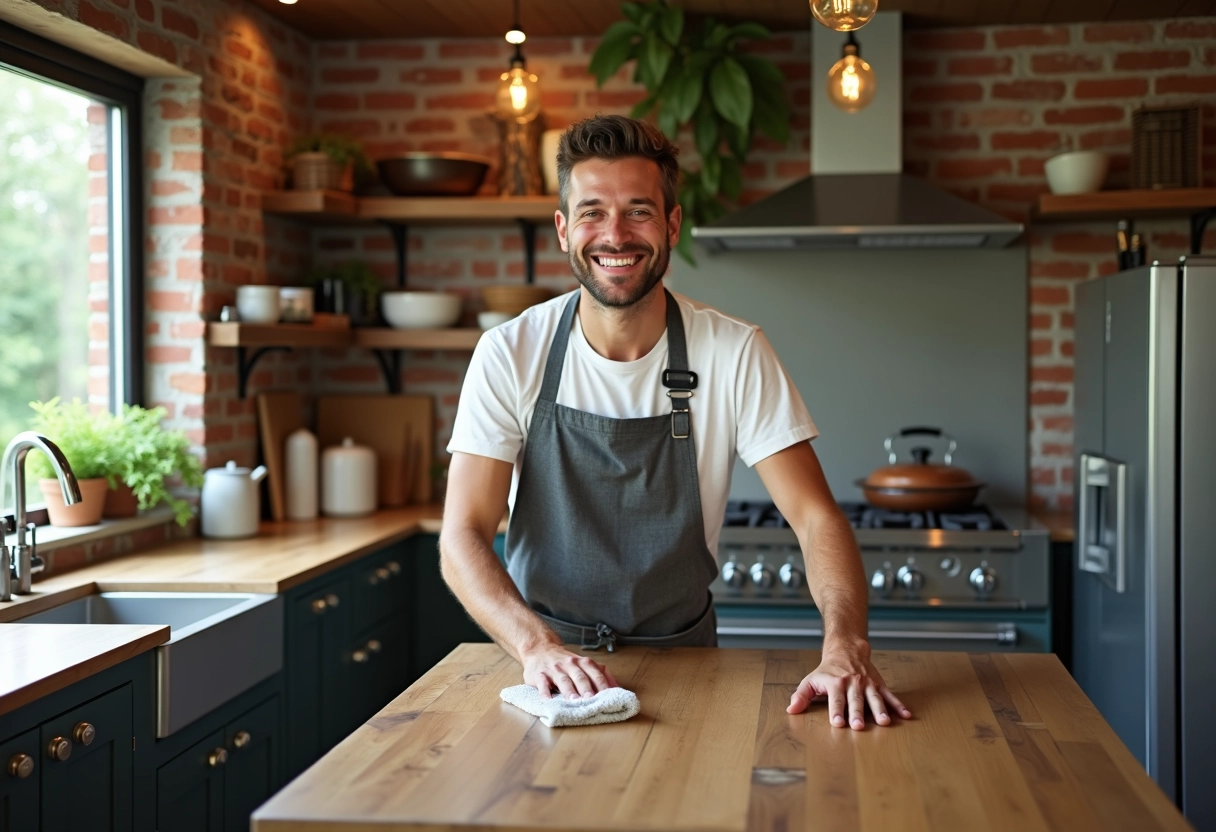 Homme nettoyant une île de cuisine recyclée et durable