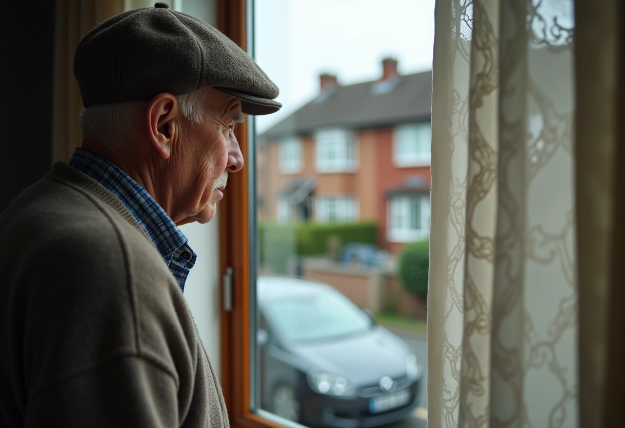 Homme âgé regardant par la fenêtre avec voiture à l