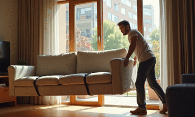 Homme démenageant un canapé dans un appartement en plein jour