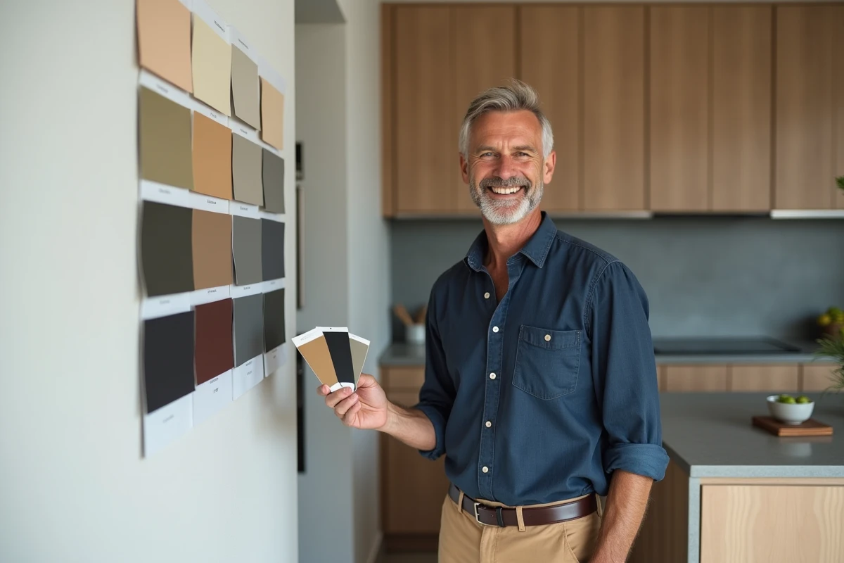 Homme regardant des échantillons de couleurs dans la cuisine