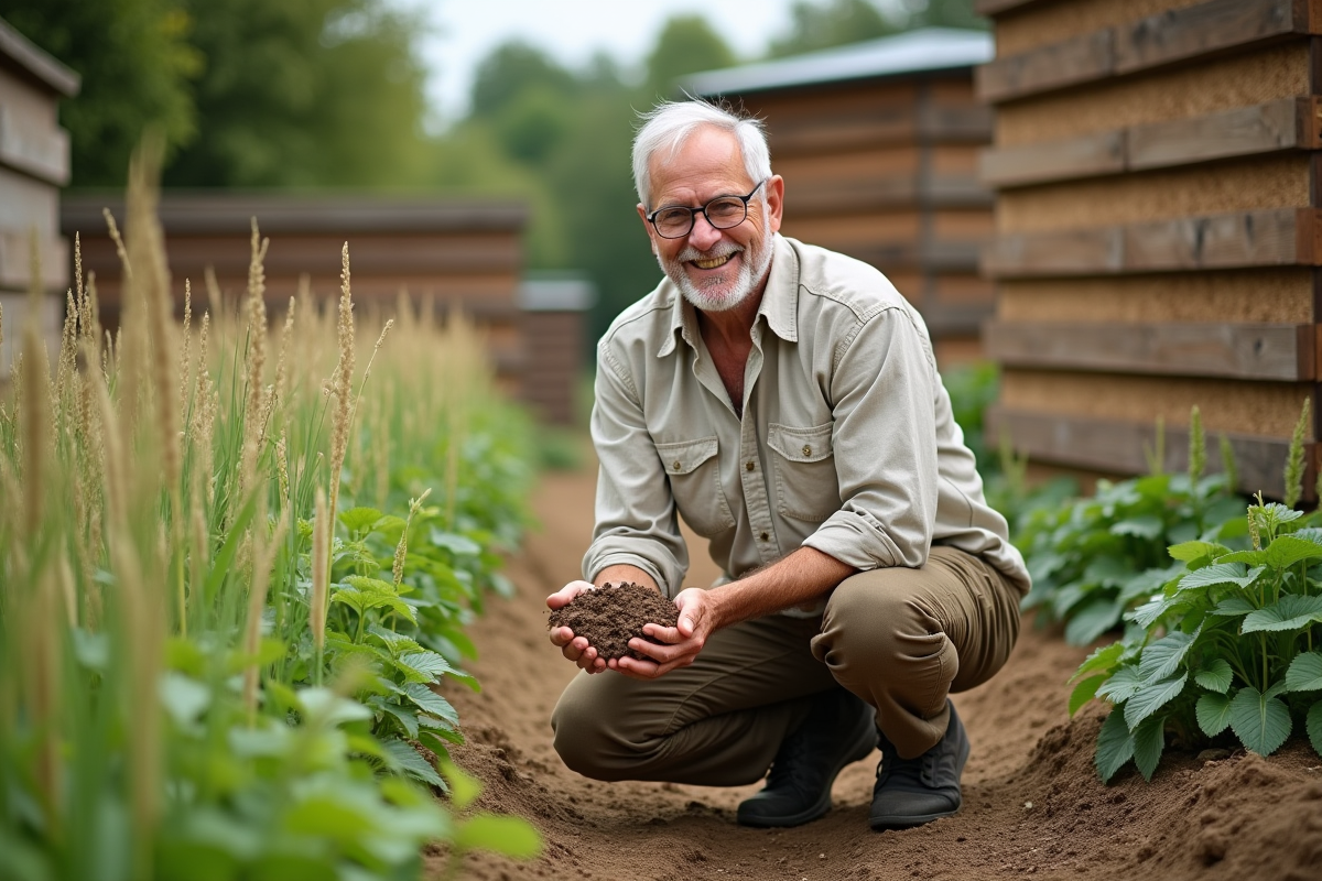 Homme dans un jardin communautaire avec fibres naturelles et sol