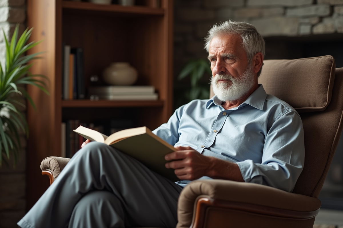 Homme âgé lisant dans un fauteuil design élégant