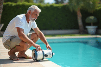 Homme en été nettoyant un filtre de piscine extérieur