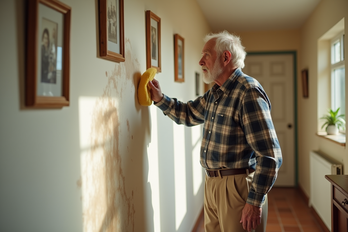 Homme âgé nettoyant un mur dans un couloir ensoleillé