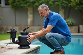 Homme en polo bleu nettoyant une pompe de piscine extérieure