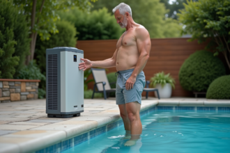 Homme d'âge moyen vérifiant la pompe à chaleur de piscine extérieure