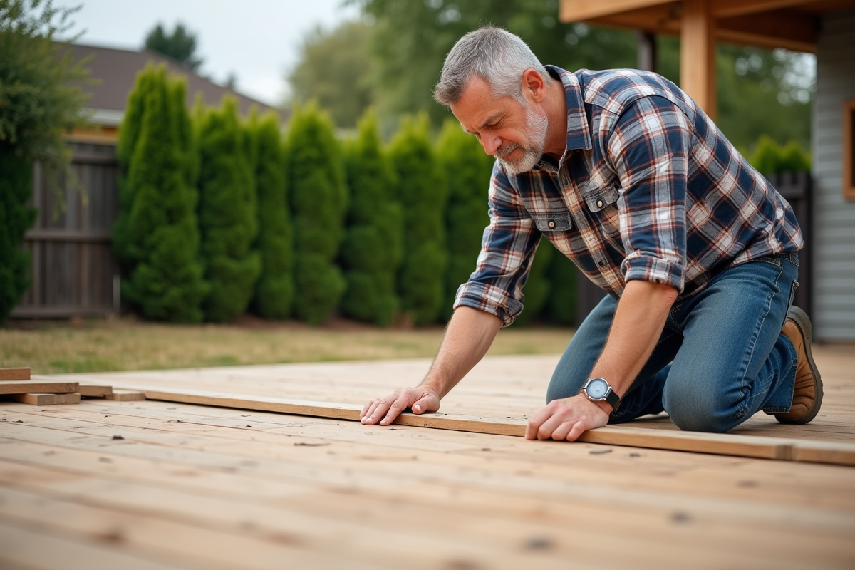 Homme en jeans et chemise à carreaux pose terrasse en bois