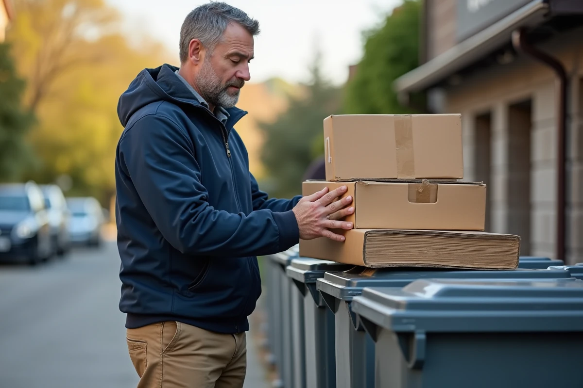 Homme avec barbe empilant des cartons recyclés en extérieur