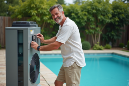 Homme ajustant la pompe à chaleur de piscine en extérieur