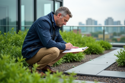 Ingénieur en veste de travail examine un toit vert urbain