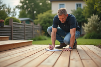 Homme inspectant une terrasse en bois neuve avec mètre et carnet
