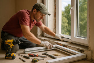 Photo hyperrealiste d'un ouvrier mal installé une fenetre avec outils autour