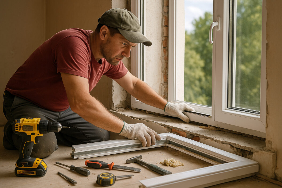 Photo hyperrealiste d'un ouvrier mal installé une fenetre avec outils autour