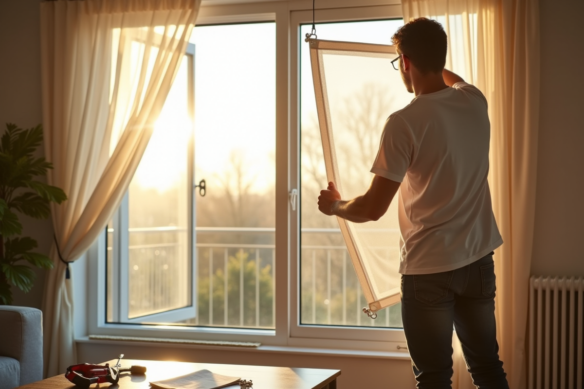 Personne installant une moustiquaire sur une grande fenêtre lumineuse