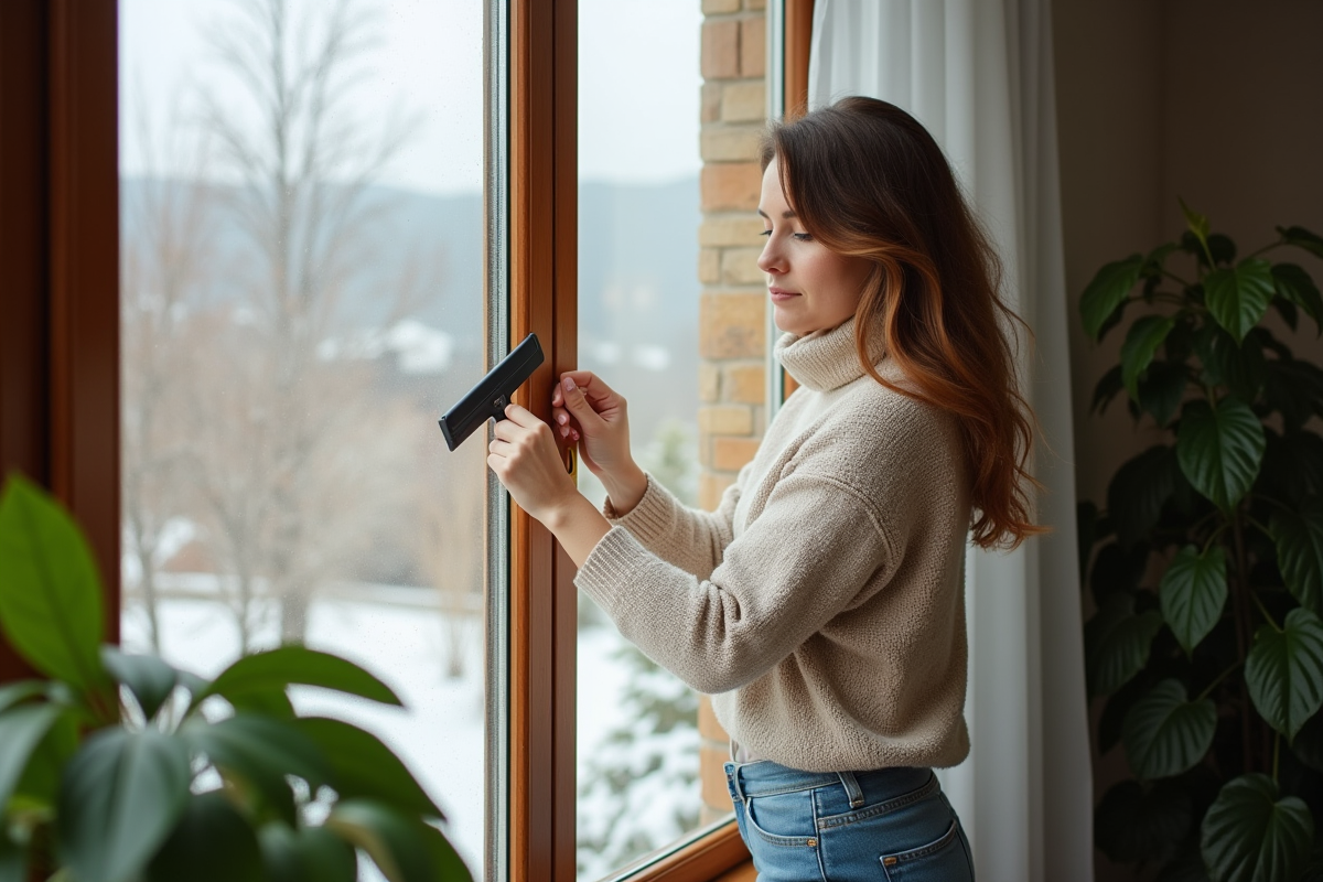 Femme appliquant un film isolant sur une fenêtre