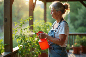 Femme en jardinage avec pulvérisateur sur une terrasse