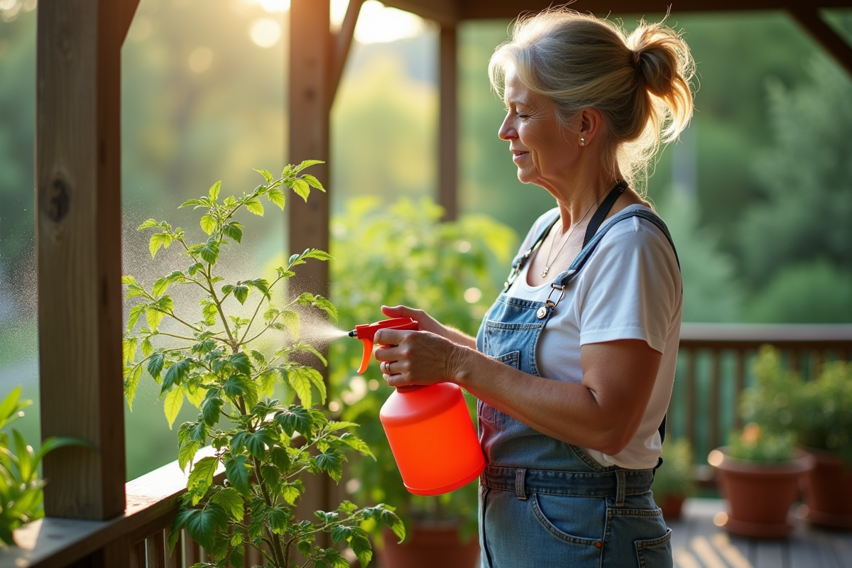Femme en jardinage avec pulvérisateur sur une terrasse