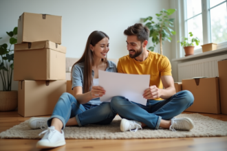 Jeune couple comparant des cartons dans un salon moderne