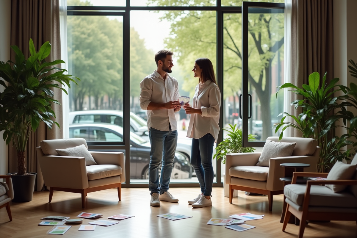 Jeune couple discutant des échantillons de peinture près des fenêtres