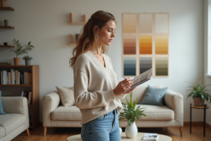 Jeune femme tenant un nuancier dans un salon moderne