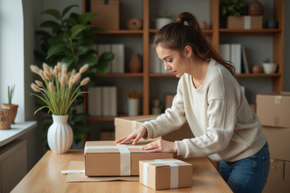 Jeune femme emballant des livres avec soin dans un appartement