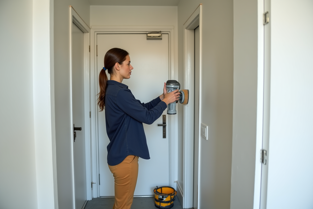 Jeune femme utilisant un ponceur pour lisser un coin de mur