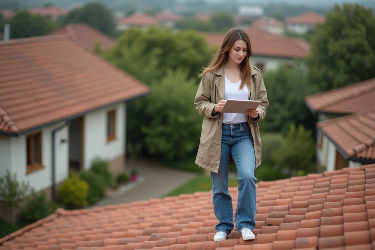 Jeune femme examine tuiles en toiture résidentielle