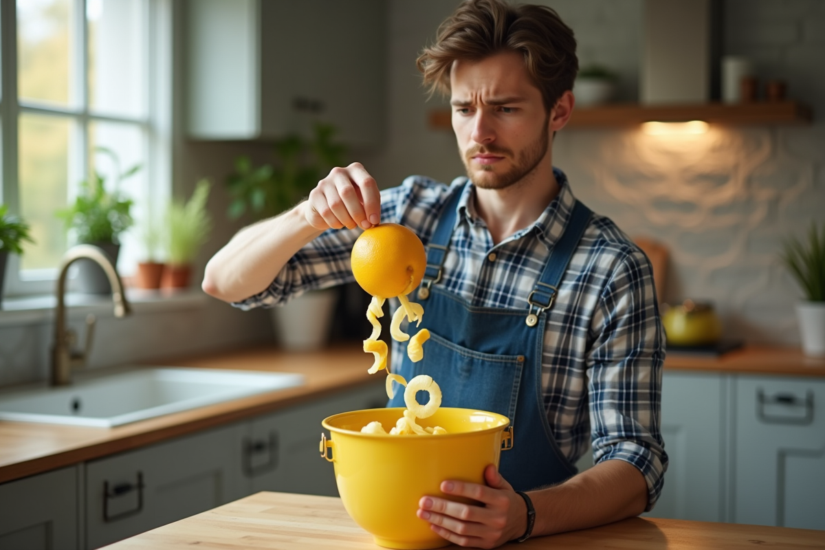 Jeune homme versant des épluchures de citron dans un compost de cuisine