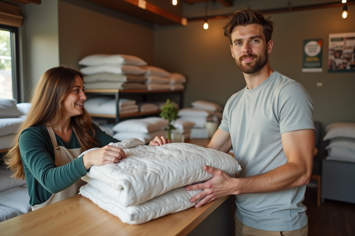 Jeune homme donnant des draps à un bénévole en boutique
