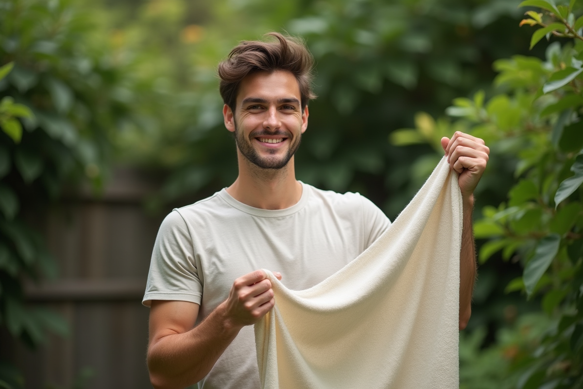 Jeune homme inspectant un tissu dans un jardin