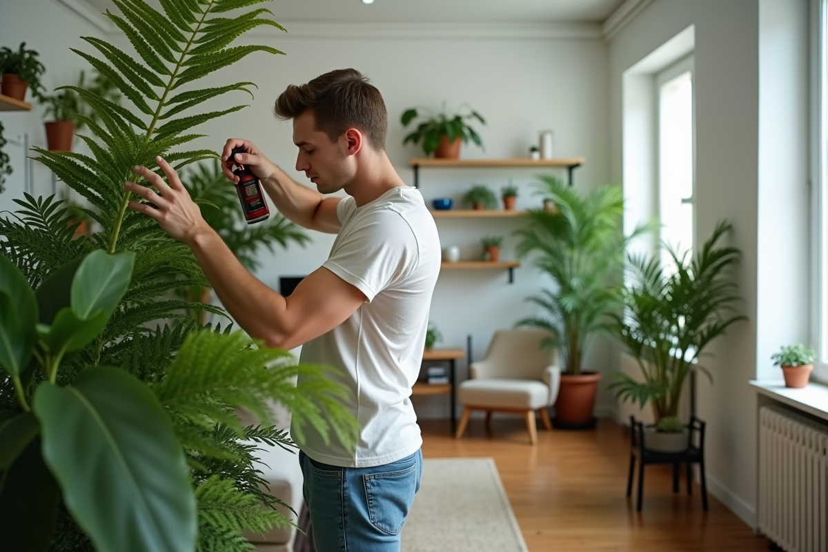 Jeune homme inspectant une fougère d