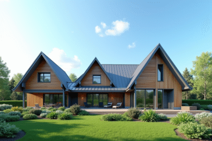Maison moderne avec trois toits inclinés ensoleillée