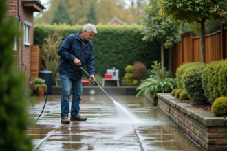 Homme moyen âge utilisant un nettoyeur haute pression sur un patio en pierre