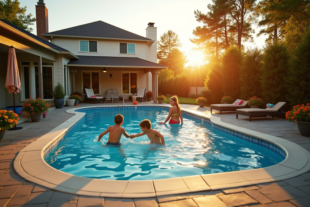 Piscine creusée avec enfants jouant dans l