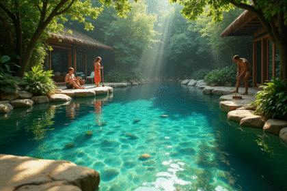 Piscine naturelle entourée de verdure eau turquoise et famille nettoyant