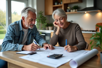 Un couple discute autour de plans dans une cuisine lumineuse