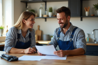 Plombier professionnel expliquant un contrat à un client souriant dans une cuisine moderne