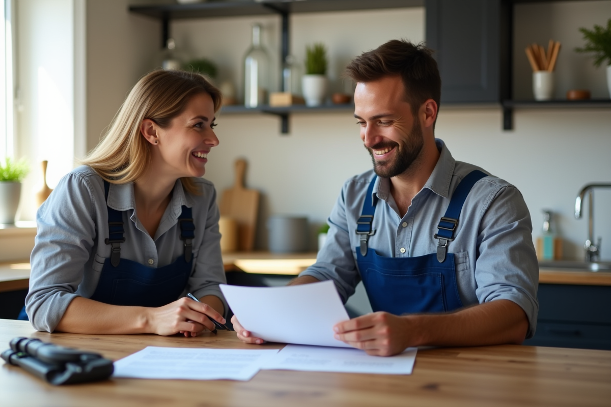 Plombier professionnel expliquant un contrat à un client souriant dans une cuisine moderne