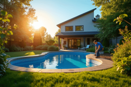 Paysage de jardin avec ouvrier préparant le sol pour une piscine