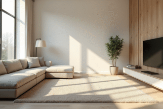 Salon moderne avec tapis neutre et grande fenetre lumineuse