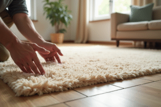 Salon moderne avec tapis beige et lumière naturelle
