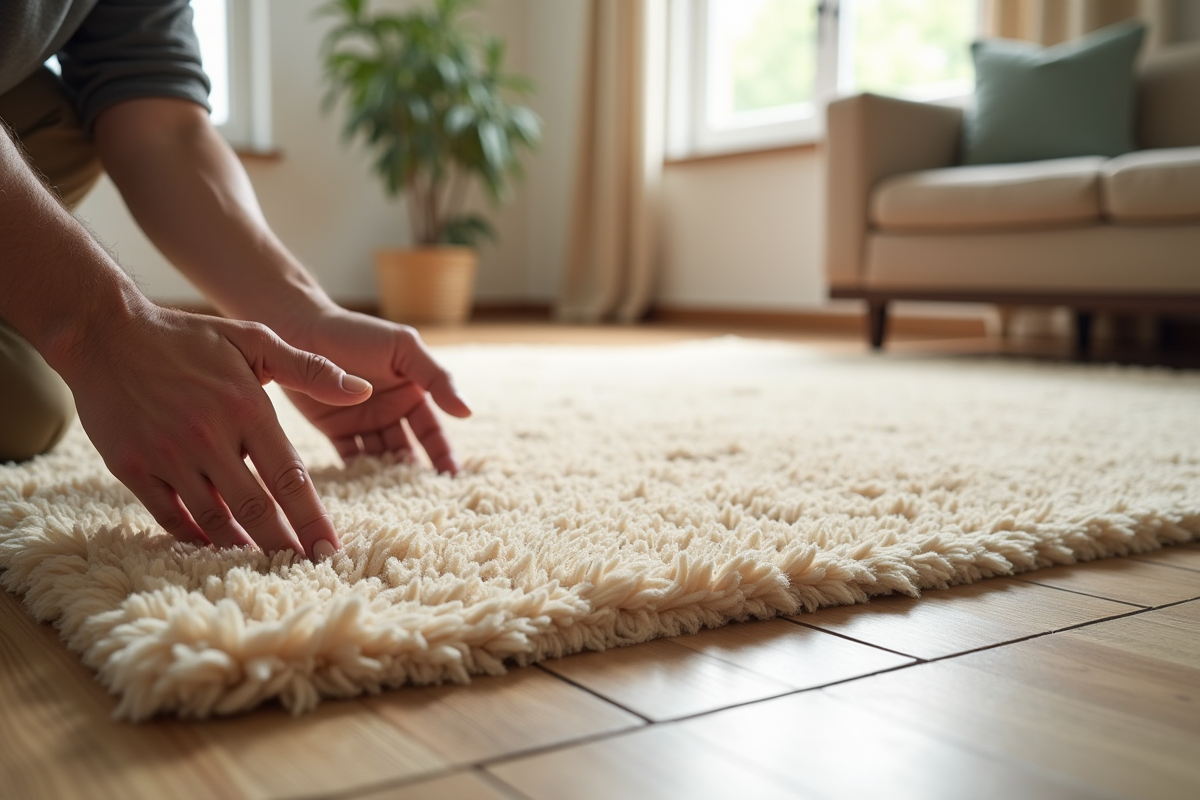 Salon moderne avec tapis beige et lumière naturelle