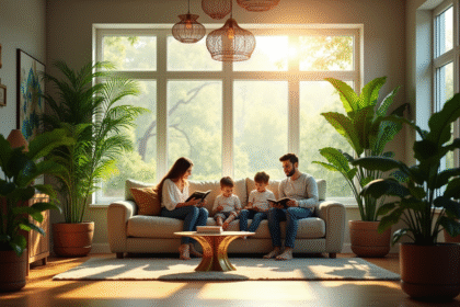 Salon moderne avec plantes vertes et famille lisant